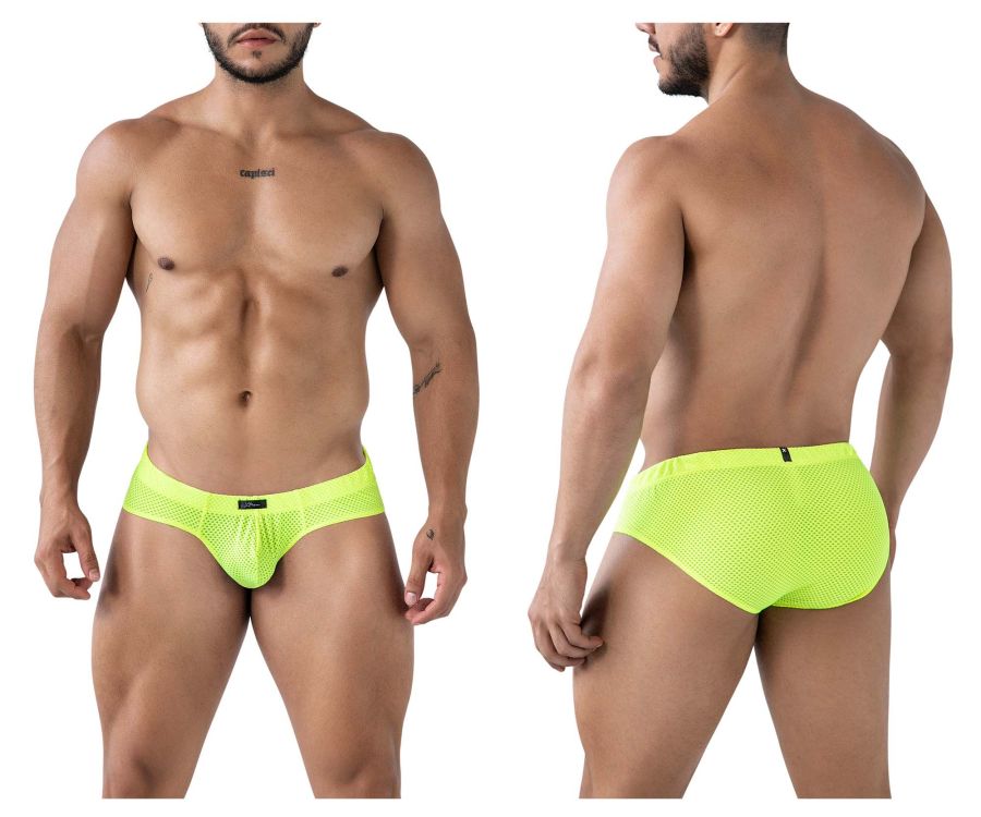 Bright neon green xtremen 91227 microfiber briefs featuring a sleek form-fitting mesh design