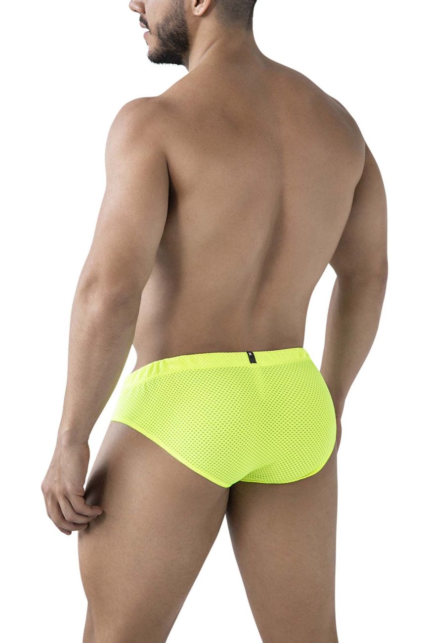 Xtremen 91227 microfiber briefs in neon green showing bright neon yellow mesh with black zipper on the back side