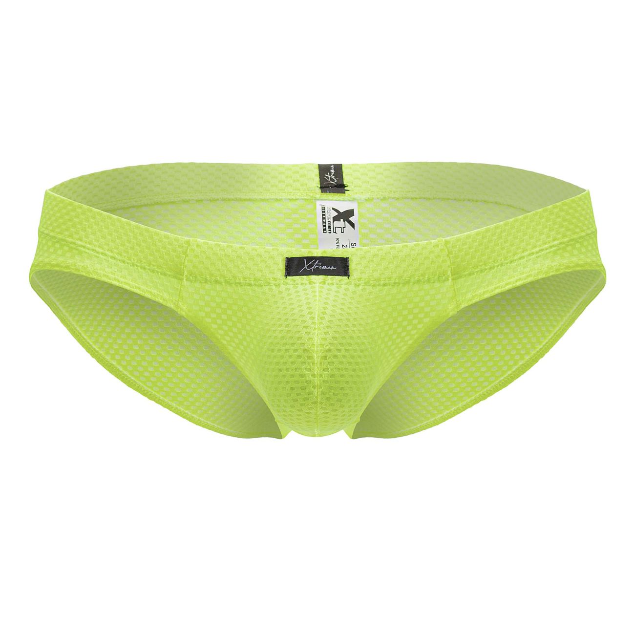 Bright lime green xtremen 91227 microfiber briefs with sleek form-fitting mesh design and black brand tags
