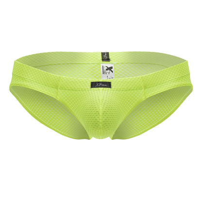 Bright lime green xtremen 91227 microfiber briefs with sleek form-fitting mesh design and black brand tags