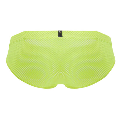 Bright lime green Xtremen 91227 microfiber mesh swim trunks with black brand tag at waistband front side visible