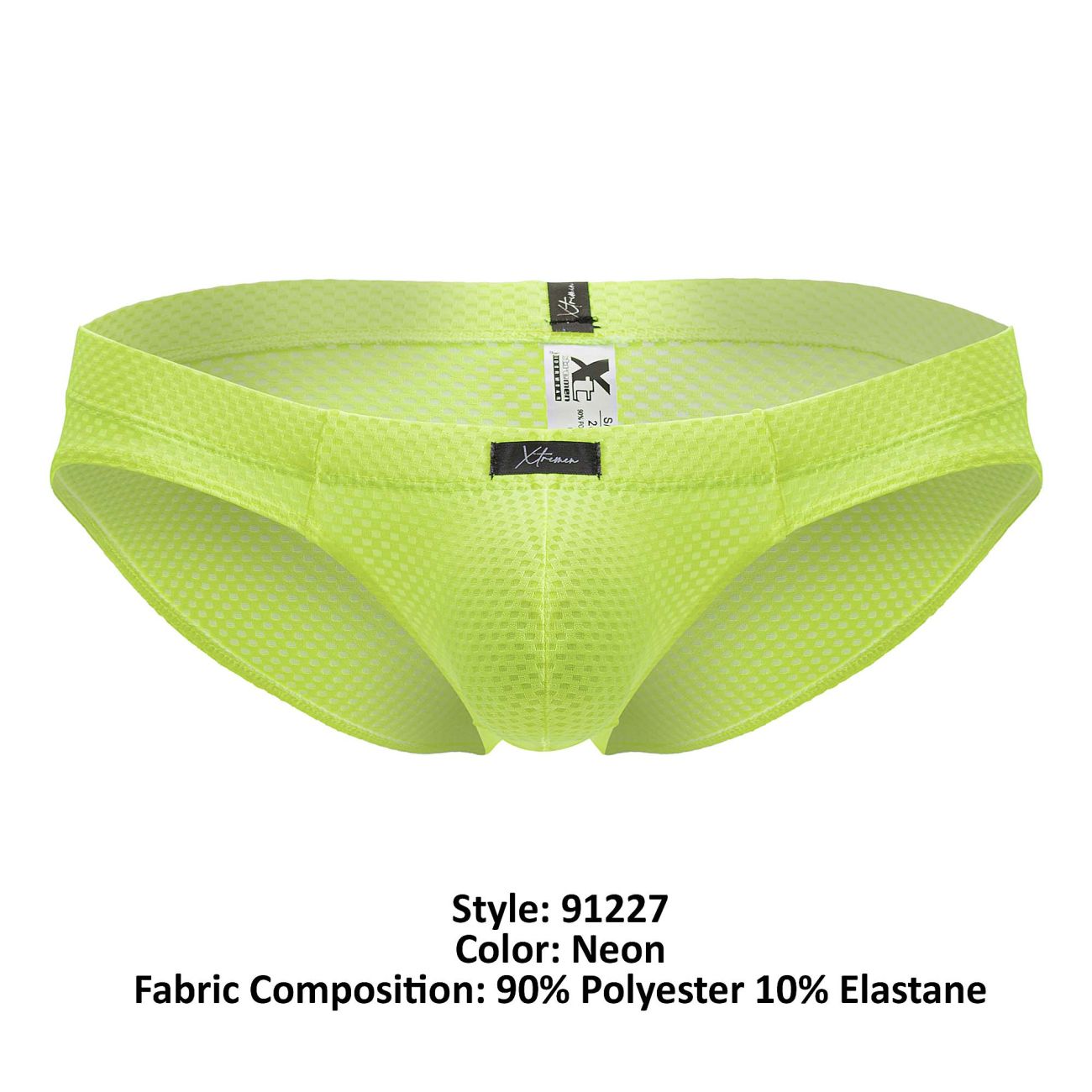 Neon green xtremen 91227 microfiber briefs featuring a mesh design with a black brand tag and elastic waistband
