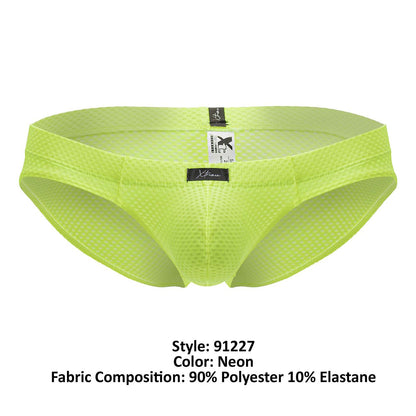 Neon green xtremen 91227 microfiber briefs featuring a mesh design with a black brand tag and elastic waistband
