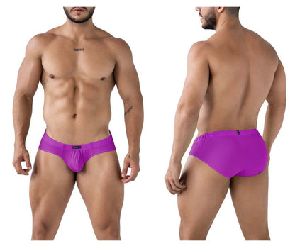 Vibrant purple xtremen 91227 microfiber briefs with snug mesh design and black brand tag at waistband