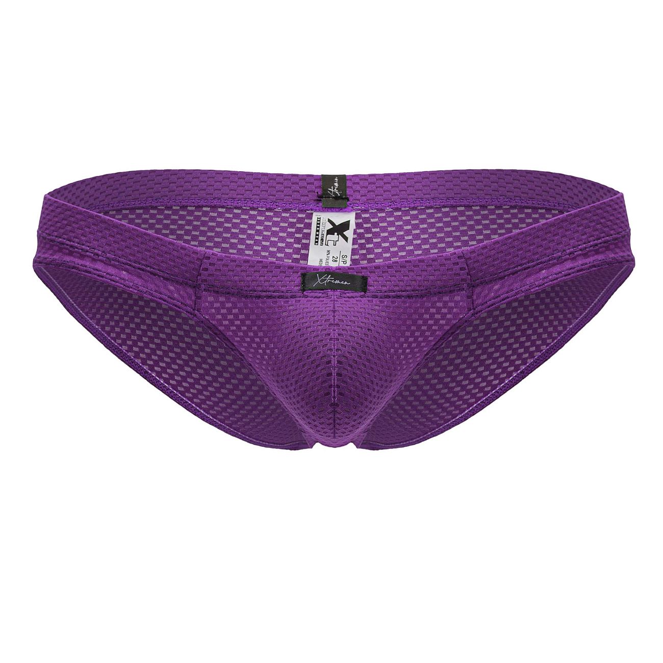 Purple xtremen 91227 microfiber briefs with checkered mesh pattern and black brand tags front view