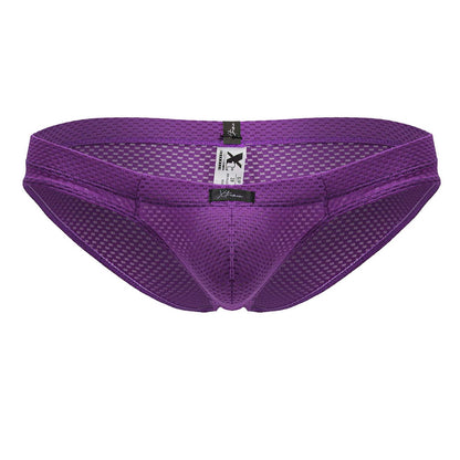 Purple xtremen 91227 microfiber briefs with checkered mesh pattern and black brand tags front view