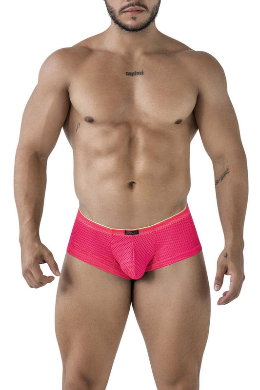 Xtremen 91228 microfiber trunks in fuchsia with bright pink mesh briefs and contrasting yellow trim and black brand tag