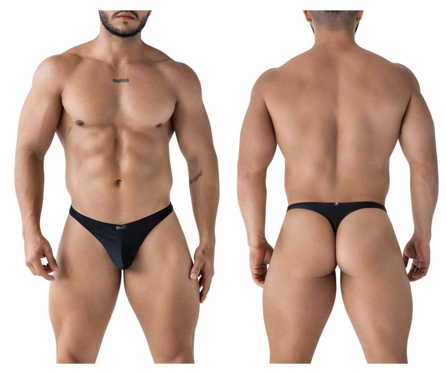 Black xtremen 91232 microfiber thong with sleek minimalist design and small logo on waistband shown from back