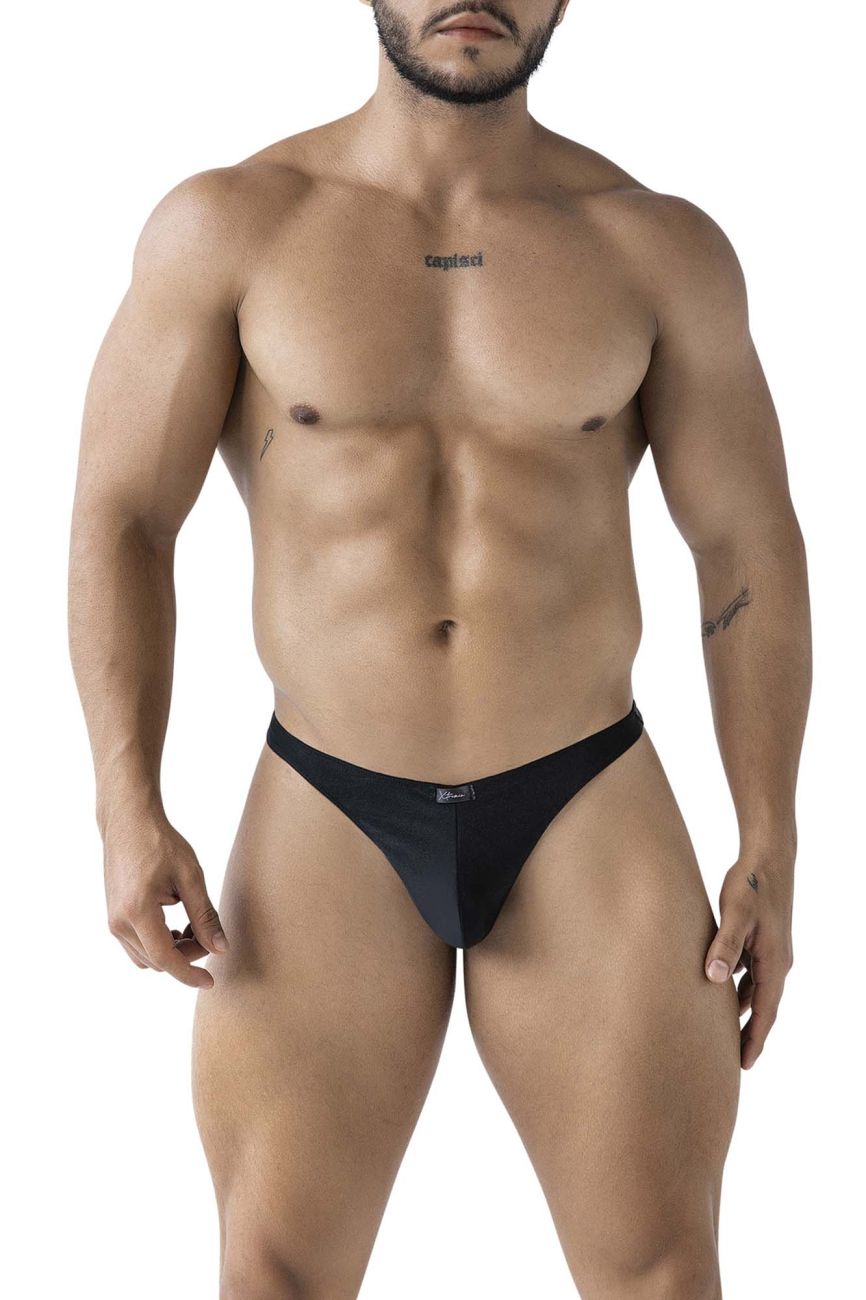 Black sleek form-fitting Xtremen 91232 microfiber men’s thong with subtle brand logo at center front