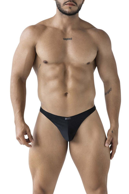 Black sleek form-fitting Xtremen 91232 microfiber men’s thong with subtle brand logo at center front