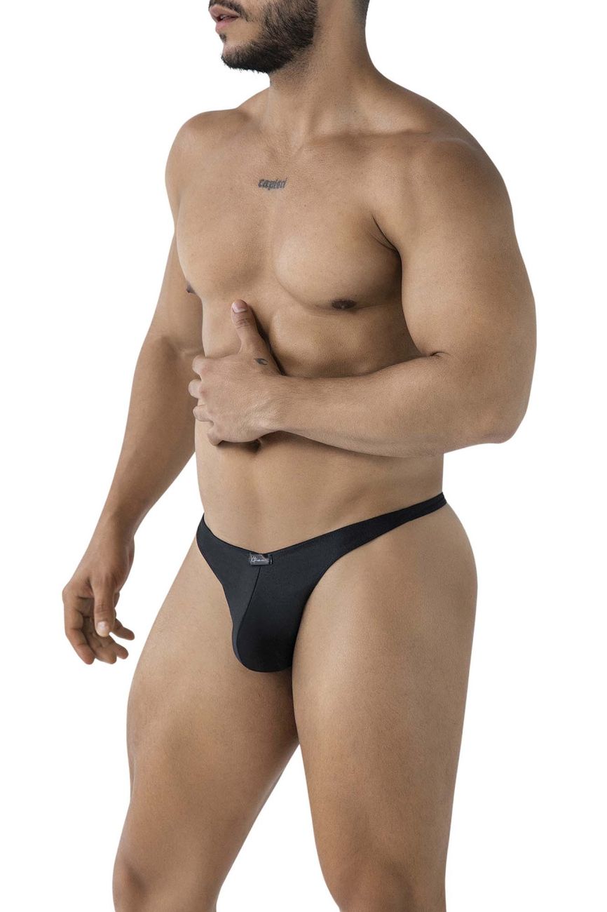 Black xtremen 91232 microfiber thong with a form-fitting design and subtle brand logo on the front