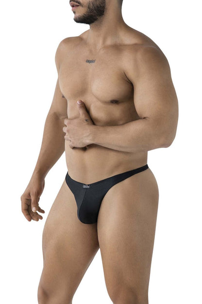 Black xtremen 91232 microfiber thong with a form-fitting design and subtle brand logo on the front