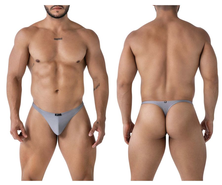 Gray xtremen 91232 microfiber thong with form-fitting design and small black logo on front and back sides