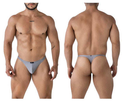 Gray xtremen 91232 microfiber thong with form-fitting design and small black logo on front and back sides