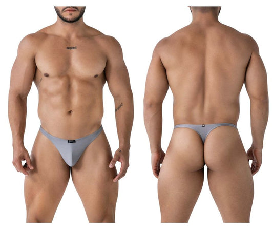 Gray xtremen 91232 microfiber thong with form-fitting design and small black logo on front and back sides