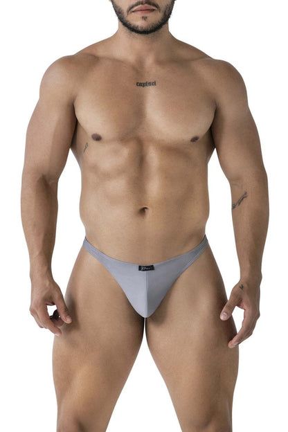 Gray Xtremen 91232 microfiber thong made of stretchy fabric with a small black logo on the waistband back side view