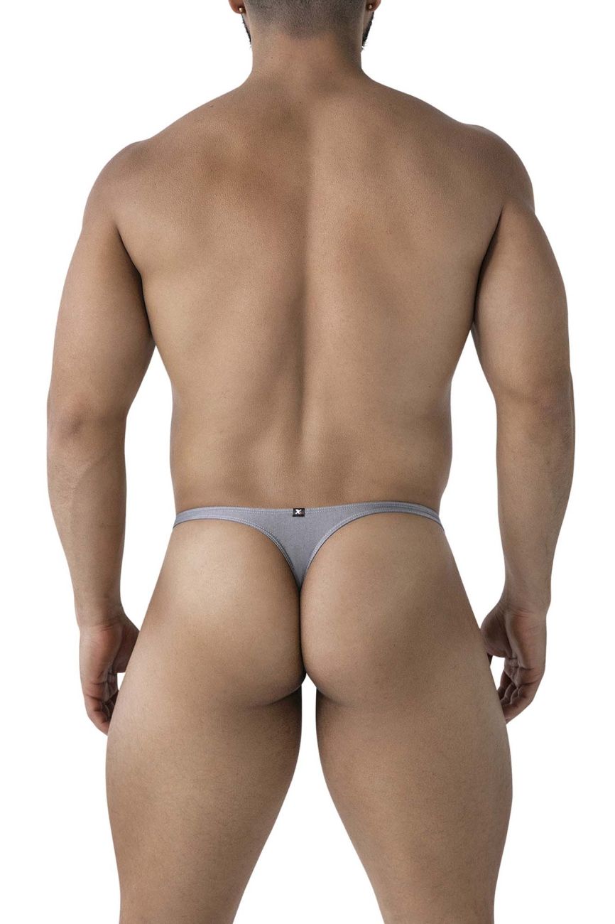 Back side of gray xtremen 91232 microfiber thong with form-fitting design and subtle logo on the backband