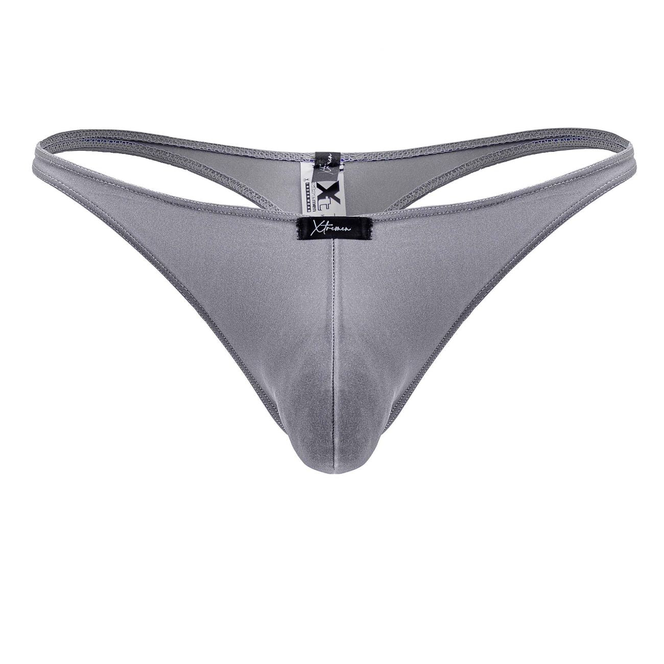 Gray satin thong from xtremen 91232 microfiber thongs with sleek smooth texture and subtle sheen shown from back side
