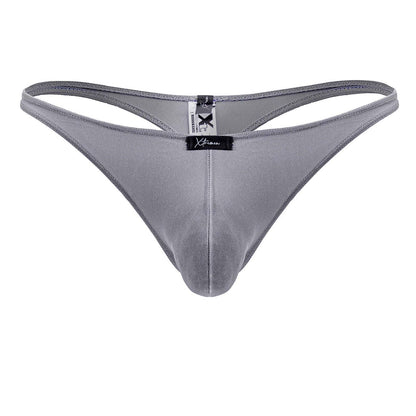 Gray satin thong from xtremen 91232 microfiber thongs with sleek smooth texture and subtle sheen shown from back side