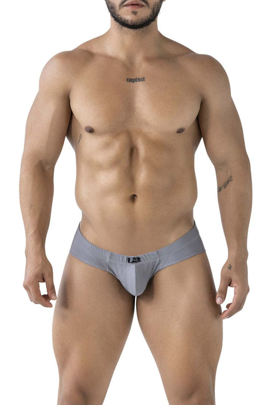 Gray xtremen 91233 microfiber men’s briefs with a subtle logo on the waistband front view
