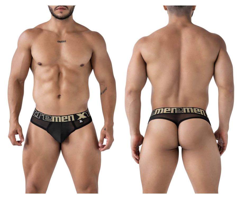 Black mesh microfiber thong with gold xtremen x branding on the waistband from xtremen 91235 collection