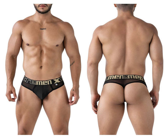 Black mesh microfiber thong with gold xtremen x branding on the waistband from xtremen 91235 collection