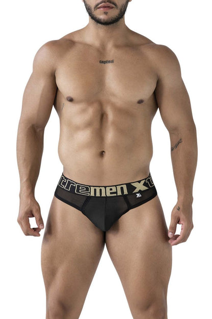 Black xtremen 91235 microfiber thongs with gold and white extremen xt logo band