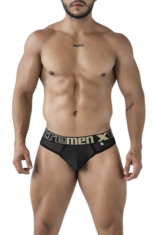 Black xtremen 91235 microfiber thongs with gold and white extremen xt logo band