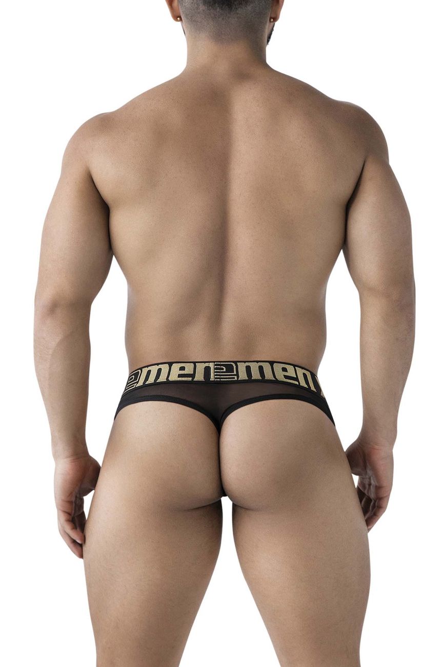 Black sheer microfiber thong with bold gold ememen logo band xtremen 91235 for everyday wear