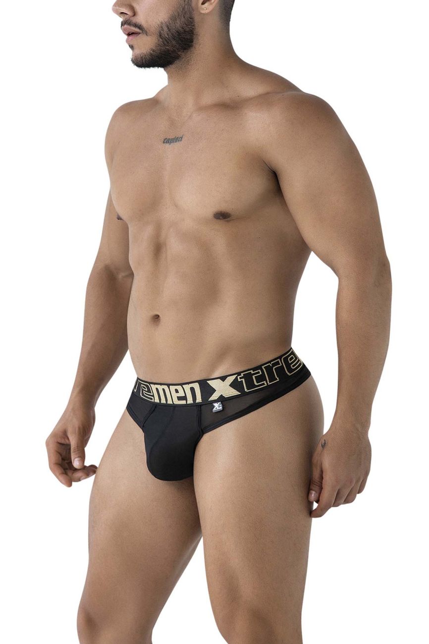 Black xtremen 91235 microfiber thongs with bold white and gold xtreme logo on the waistband