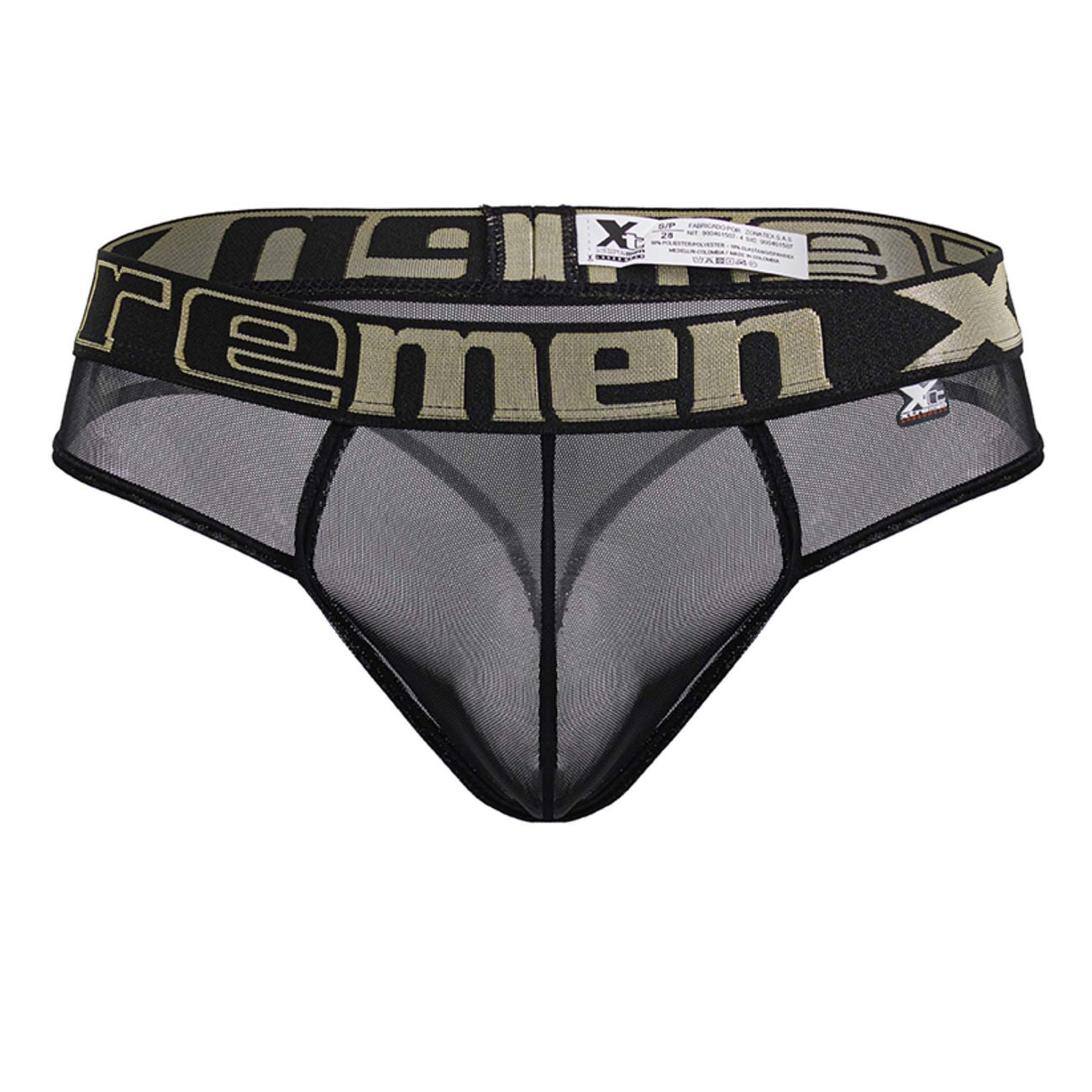 Black Xtremen 91235 microfiber thong with black mesh, wide waistband featuring olive green xtreme branding and adjustable band