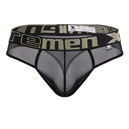 Black Xtremen 91235 microfiber thong with black mesh, wide waistband featuring olive green xtreme branding and adjustable band