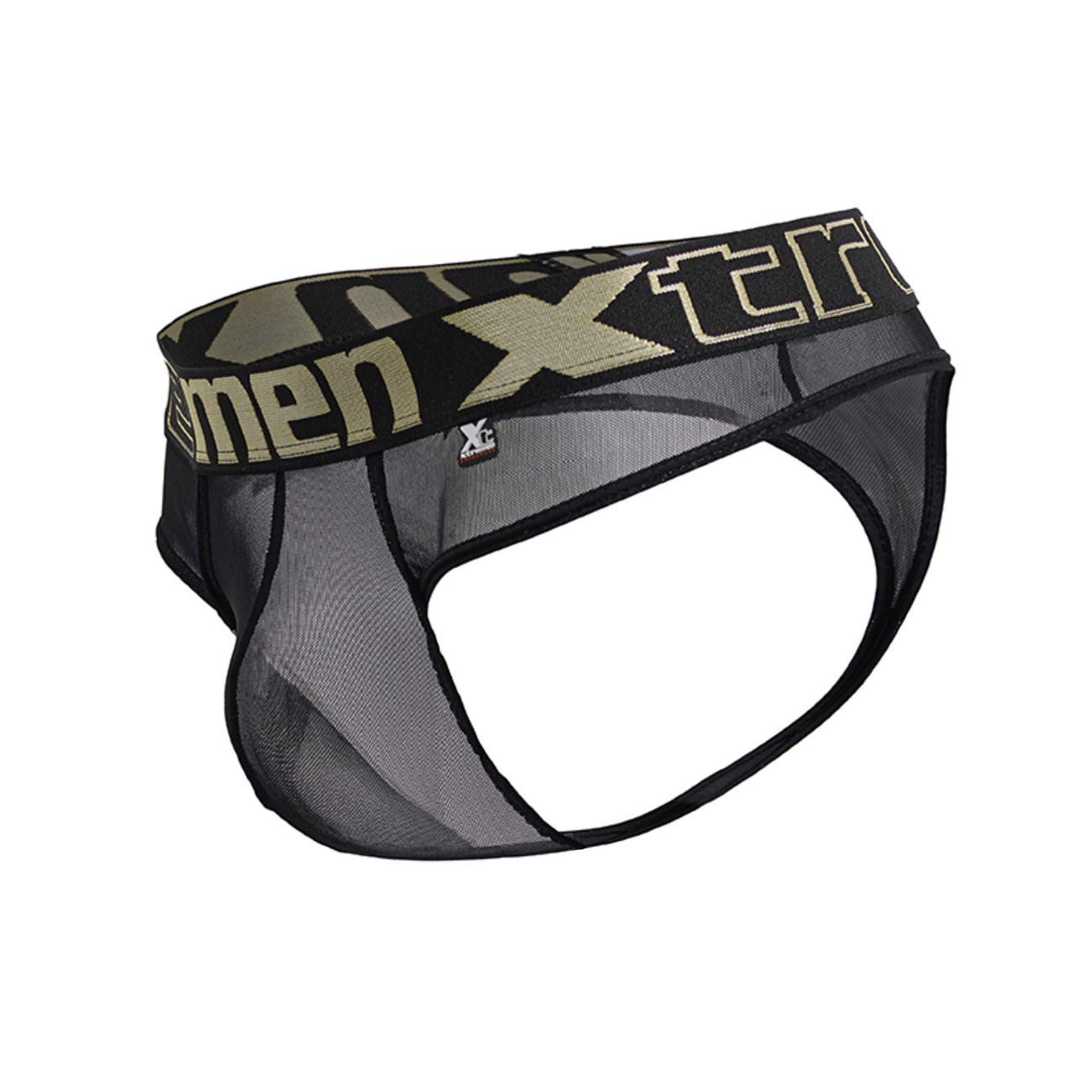 Black mesh men’s briefs with camouflage waistband and gold xtreme branding from Xtremen 91235 microfiber thongs