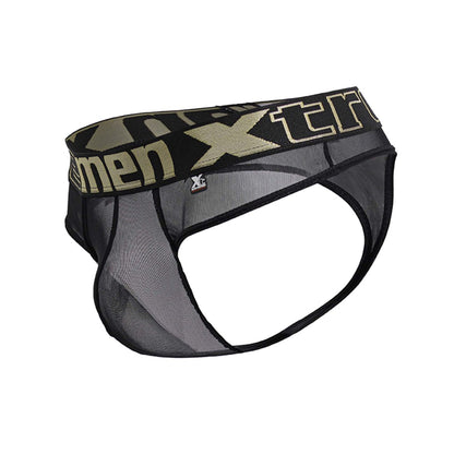 Black mesh men’s briefs with camouflage waistband and gold xtreme branding from Xtremen 91235 microfiber thongs