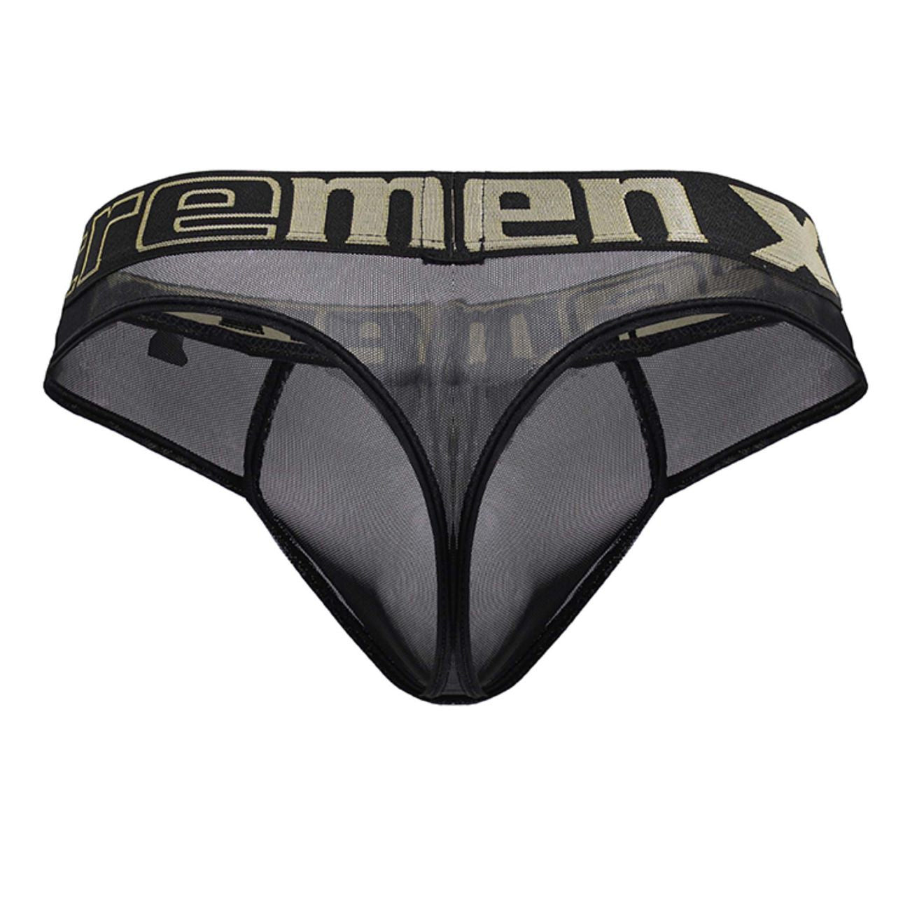 Black mesh microfiber men’s thong with beige remenx logo band from xtremen 91235 in black color