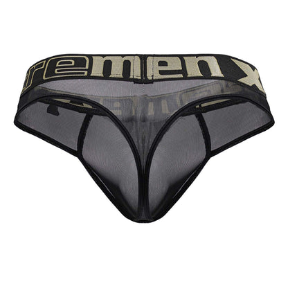 Black mesh microfiber men’s thong with beige remenx logo band from xtremen 91235 in black color
