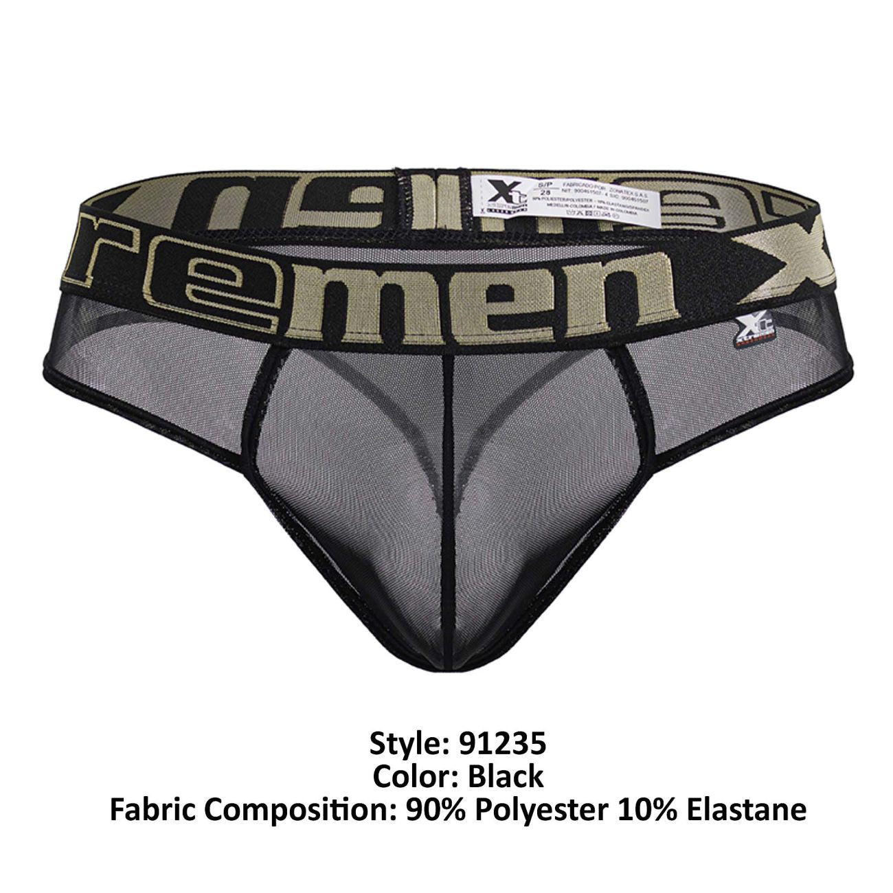 Black xtremen 91235 microfiber men’s thong underwear with mesh fabric and bold olive green and black xtreme logo band