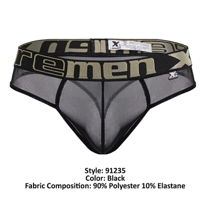 Black xtremen 91235 microfiber men’s thong underwear with mesh fabric and bold olive green and black xtreme logo band