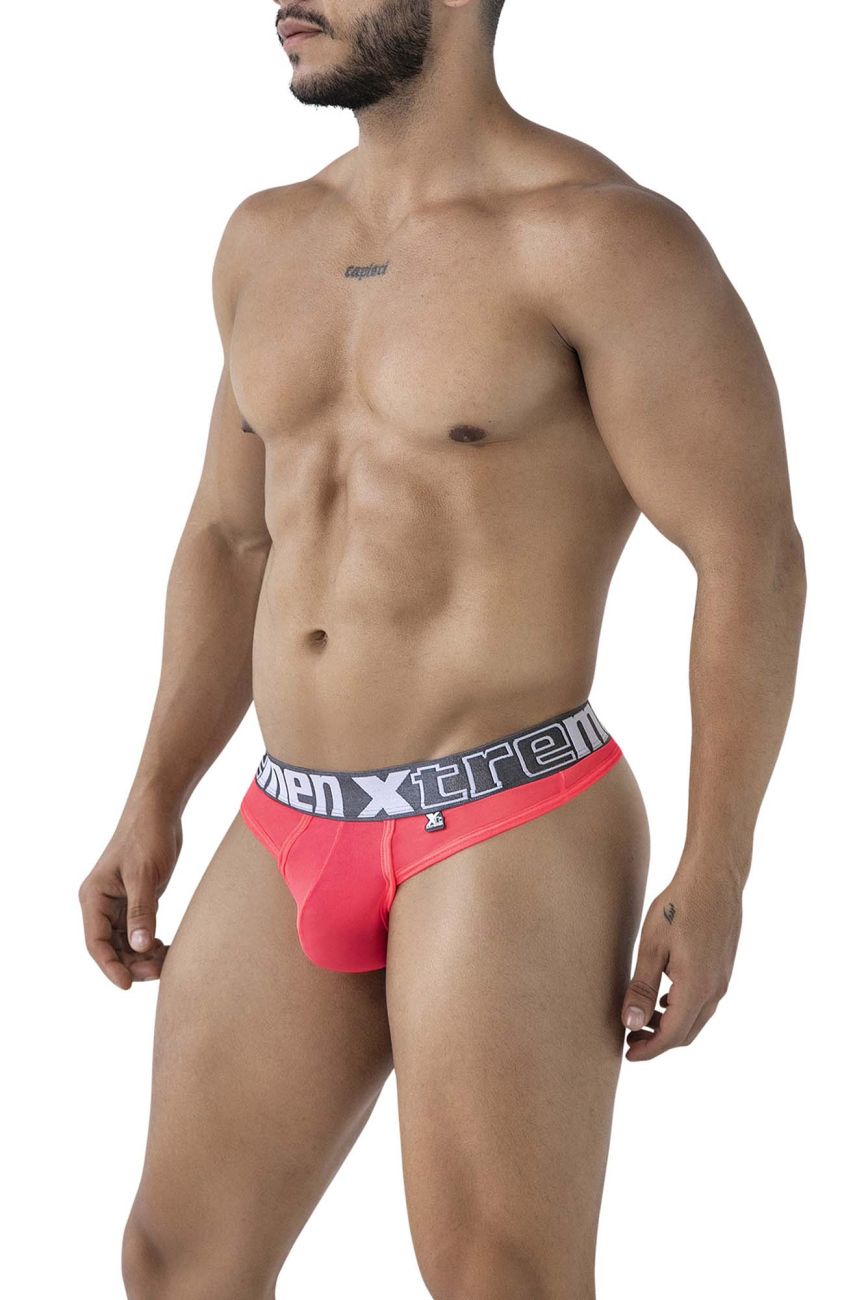 Bright pink xtremen 91235 microfiber men’s briefs with a gray waistband and bold white men xtrem logo