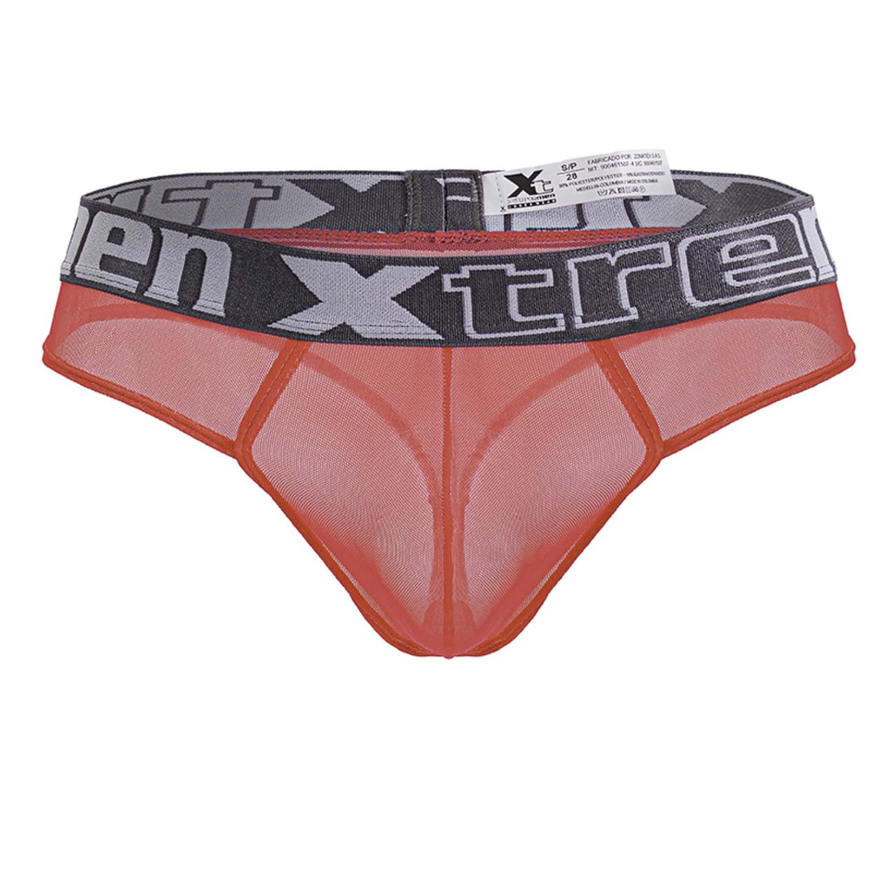 Orange mesh microfibre thong with gray and black xtreme elastic waistband in fuchsia color front view