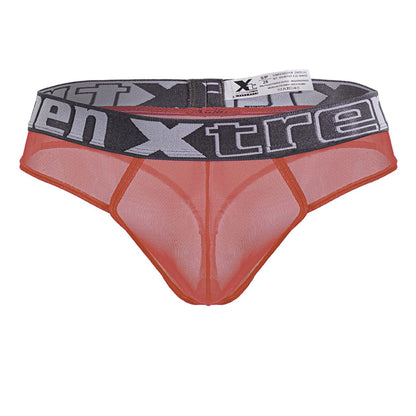 Orange mesh microfibre thong with gray and black xtreme elastic waistband in fuchsia color front view