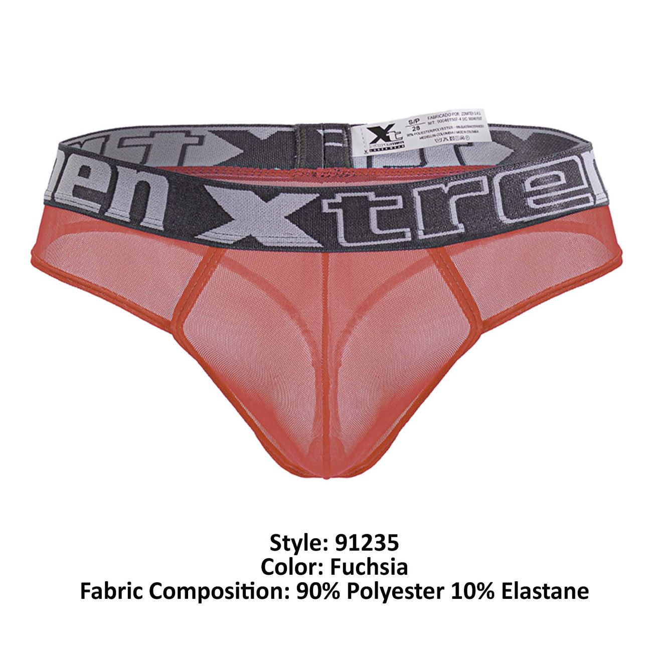Fuchsia microfiber mesh thong with black and gray elastic waistband featuring xtreme logo from xtremen 91235 collection