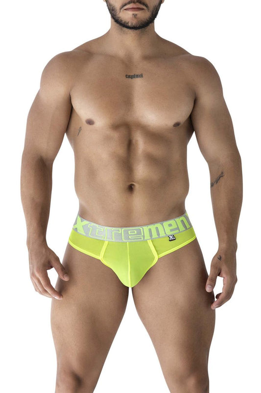 Bright neon yellow microfiber men’s briefs with matching xtremen elastic waistband in gray lettering