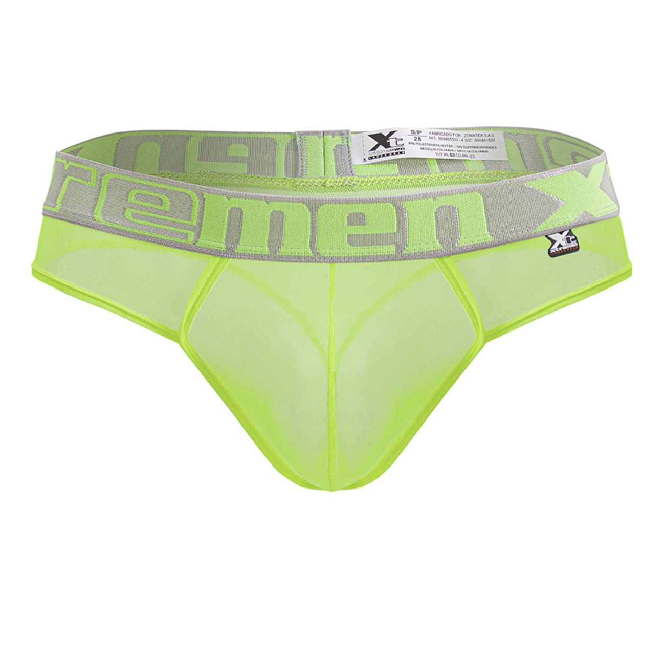 Bright neon green microfiber mesh briefs with gray elastic xc logo waistband from Xtremen 91235 micro thong line