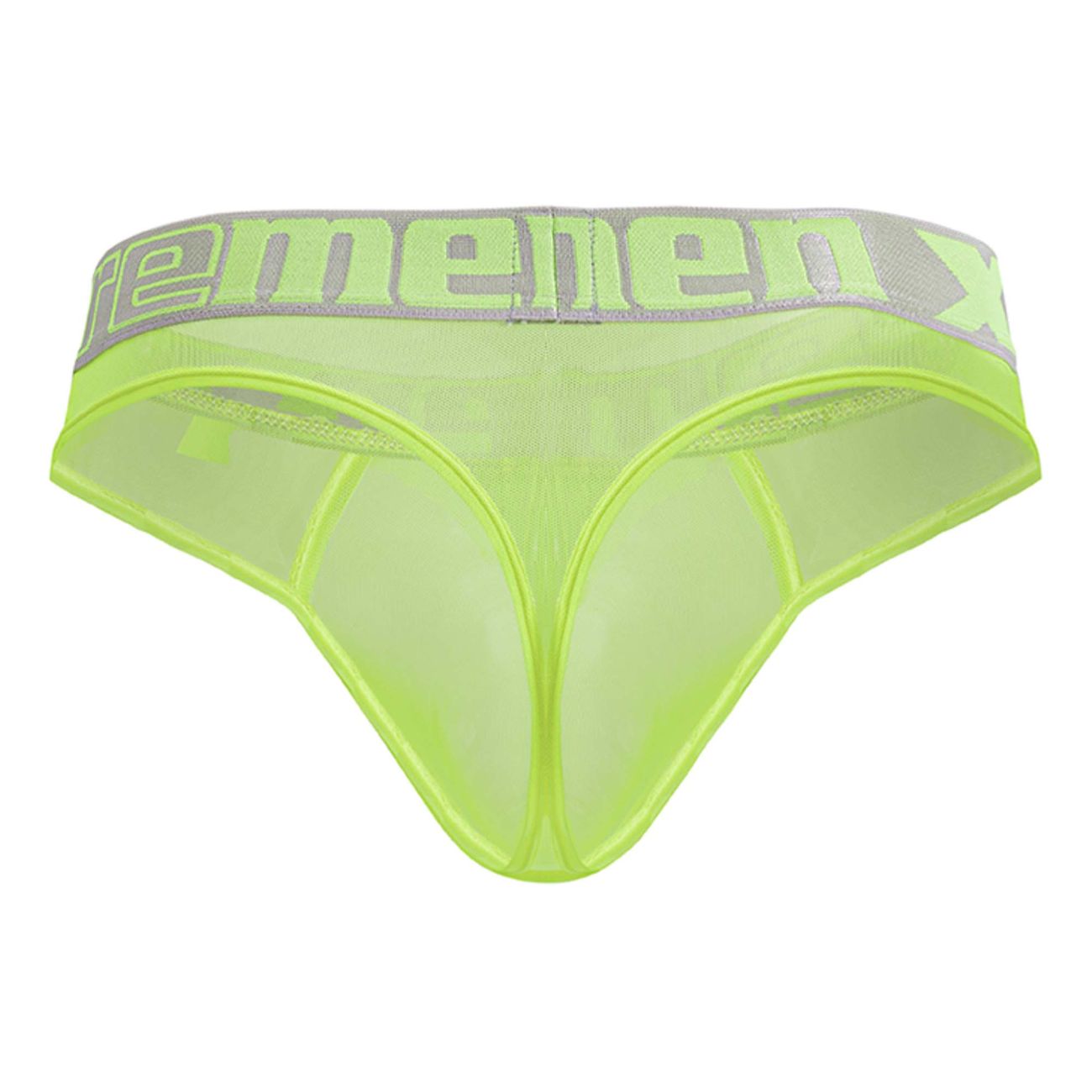 Lime green sheer mesh menenx briefs with gray elastic waistband xtremen 91235 microfiber thongs neon green