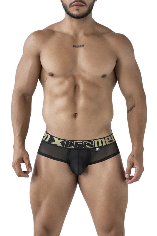Black xtremen 91236 microfiber briefs with a gold and black waistband featuring the xtreme logo and mesh design