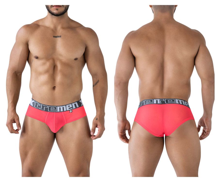 Bright pink xtremen 91236 microfiber men’s briefs with gray waistband and black xtrememen logo