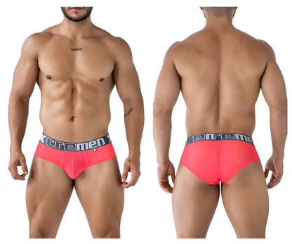 Bright pink xtremen 91236 microfiber men’s briefs with gray waistband and black xtrememen logo