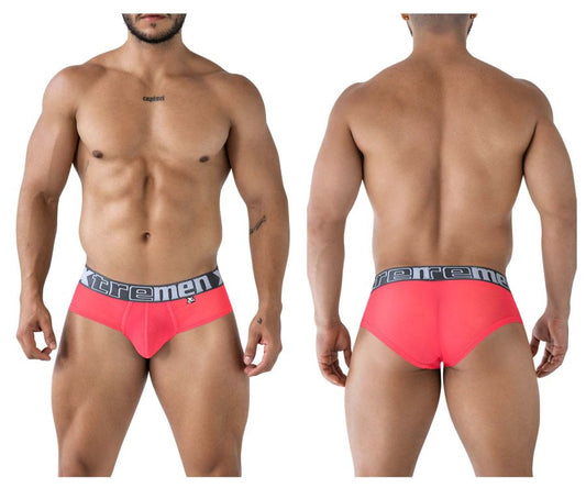 Bright pink xtremen 91236 microfiber men’s briefs with gray waistband and black xtrememen logo