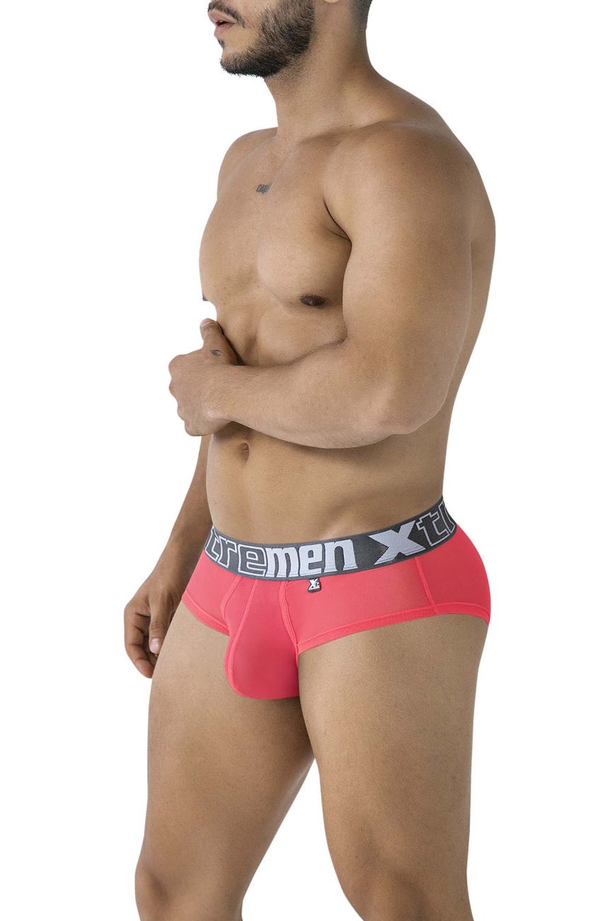 Xtremen 91236 microfiber men’s briefs in fuchsia with a gray waistband featuring the Xtremen logo in white lettering